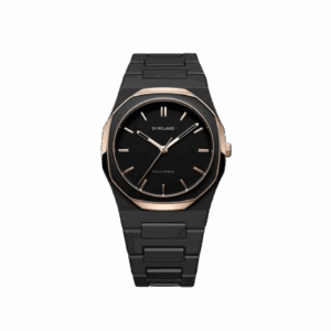 Orologio D1 Milano Black Mesh policarbonato, quadrante nero opaco e lancette ottone oro rosa