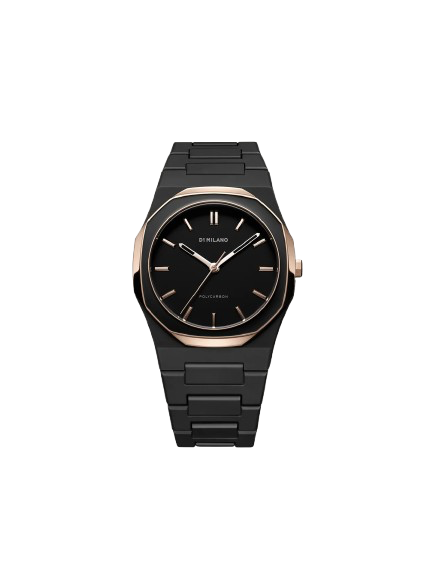 Orologio D1 Milano Black Mesh policarbonato, quadrante nero opaco e lancette ottone oro rosa