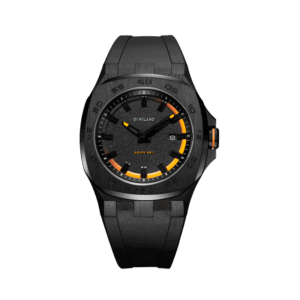 Orologio D1 Milano Delta 001 Rust con cinturino in gomma nera, quadrante nero, sabbiato con dettagli arancioni e lancette in ottone con placcatura argento