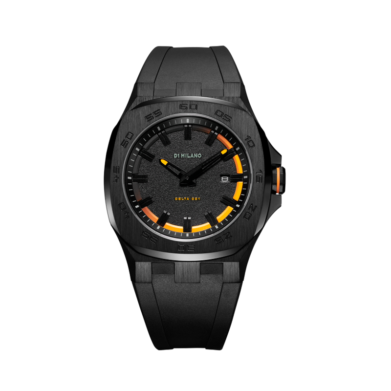 Orologio D1 Milano Delta 001 Rust con cinturino in gomma nera, quadrante nero, sabbiato con dettagli arancioni e lancette in ottone con placcatura argento