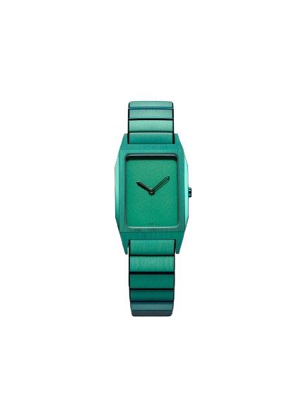 Orologio D1 Milano Studio 74 con bracciale in acciaio, quadrante verde opaco e lancette ottone verde
