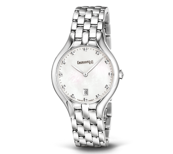 Orologio Eberhard Rêve in acciaio, vetro zaffiro, bracciale in acciaio, quadrante in madreperla con 12 brillante e lancette a foglia