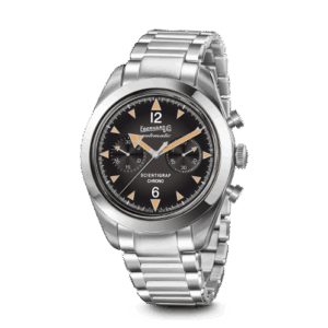 Orologio Eberhard Scientigraf Chrono, cassa in acciaio con finiture lucide e satinate e quadrante nero, lancette con luminescenza arancione.