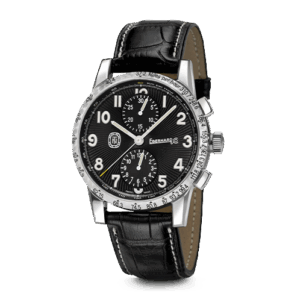 Orologio Eberhard Tazio Nuvolari in acciaio con vetro zaffiro, cinturino in alligatore nero con cuciture bianche, quadrante nero, contatori bianchi