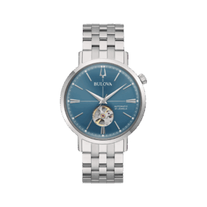 Orologio Bulova Aerojet Automatic con quadrante blu, cassa e bracciale in acciaio, vetro minerale e fondello trasparente con movimento a vista.