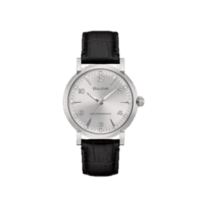 Orologio Bulova Clipper Vintage Automatic con quadrante silver, cassa in acciaio, cinturino in pelle nera e fondello trasparente con movimento a vista.