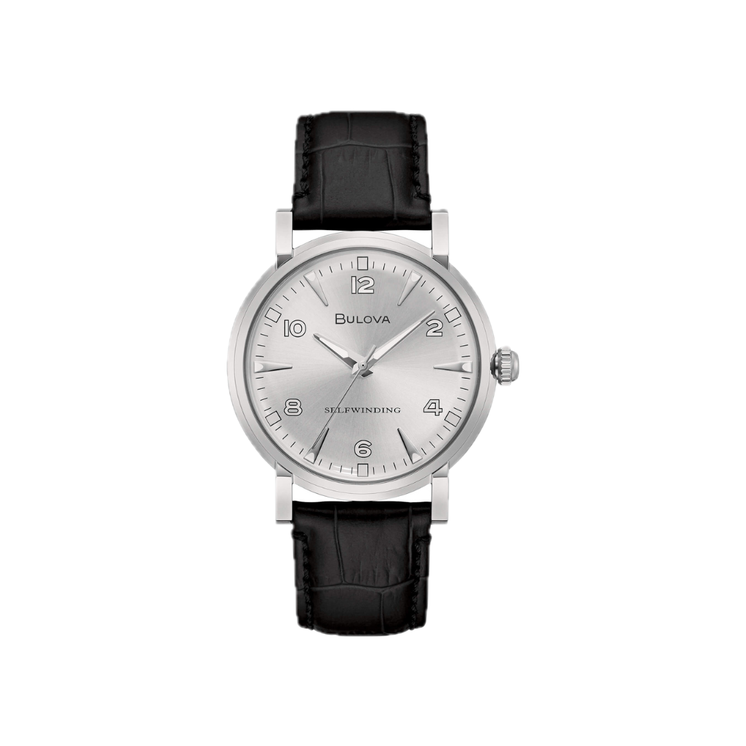 Orologio Bulova Clipper Vintage Automatic con quadrante silver, cassa in acciaio, cinturino in pelle nera e fondello trasparente con movimento a vista.