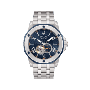 Orologio Bulova Marine Star Automatic con quadrante blu, cassa e bracciale in acciaio, vetro minerale e fondello trasparente, impermeabile fino a 20 BAR