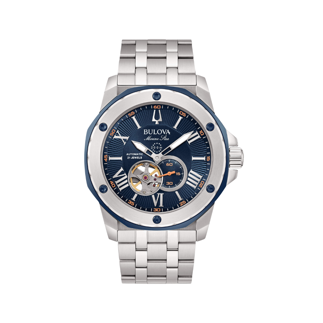 Orologio Bulova Marine Star Automatic con quadrante blu, cassa e bracciale in acciaio, vetro minerale e fondello trasparente, impermeabile fino a 20 BAR