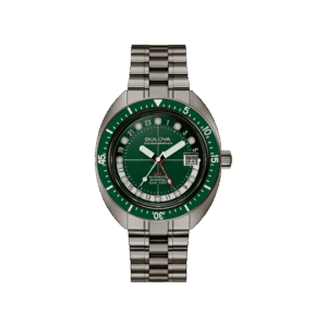Orologio Bulova Oceanographer GMT con quadrante verde, cassa nera, bracciale in acciaio, vetro zaffiro e funzione GMT, impermeabile fino a 20 BAR