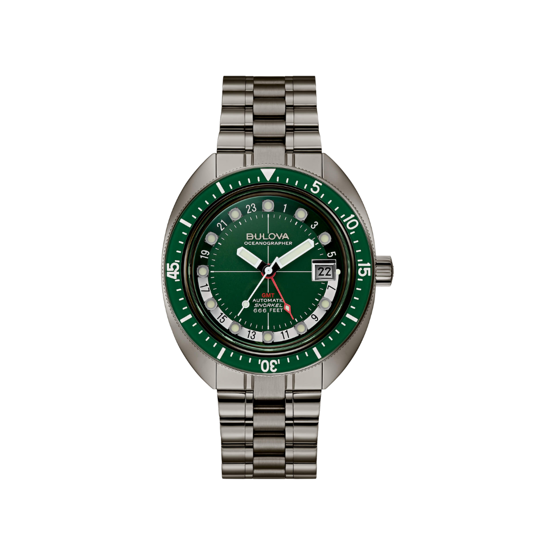 Orologio Bulova Oceanographer GMT con quadrante verde, cassa nera, bracciale in acciaio, vetro zaffiro e funzione GMT, impermeabile fino a 20 BAR