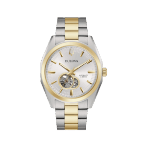 Orologio Bulova Surveyor Automatic con quadrante silver, cassa bicolore acciaio oro, bracciale in acciaio e fondello trasparente con movimento a vista