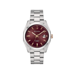 Orologio Bulova Surveyor Automatic con quadrante rosso, cassa e bracciale in acciaio, vetro zaffiro e fondello trasparente con movimento a vista
