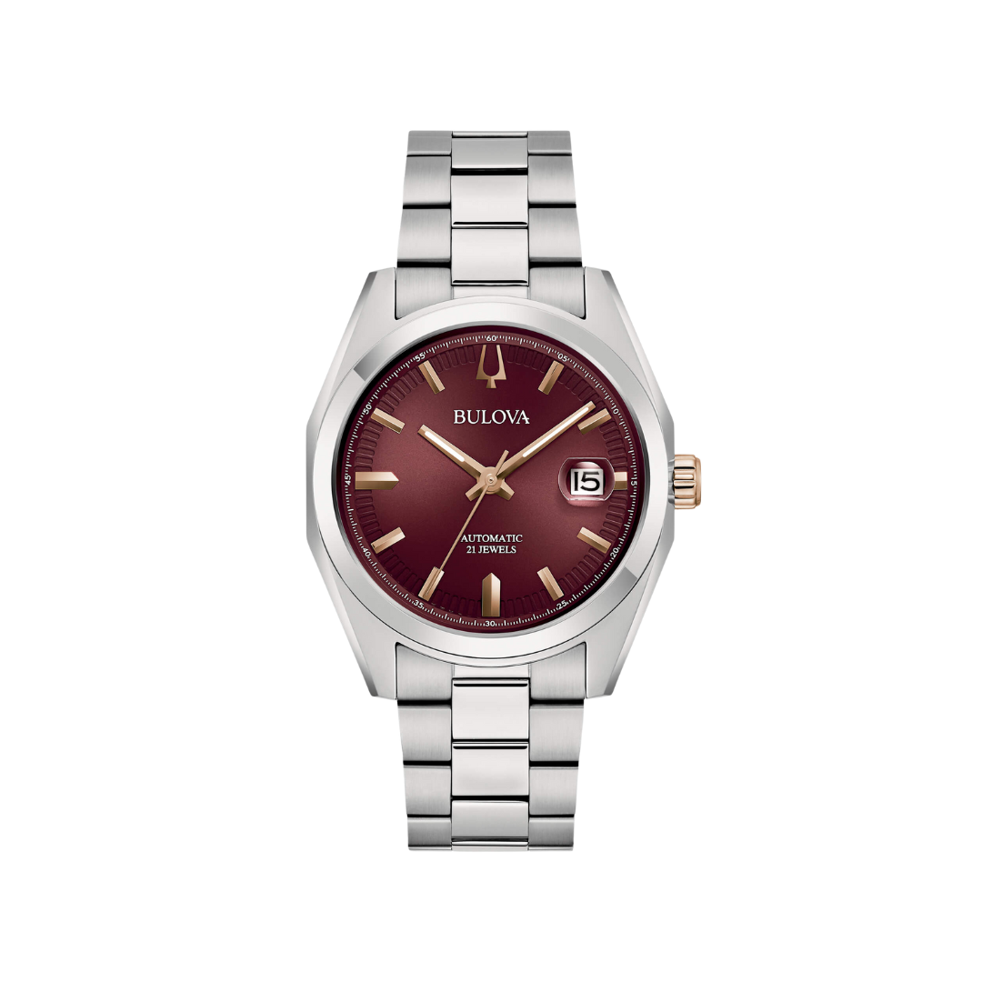Orologio Bulova Surveyor Automatic con quadrante rosso, cassa e bracciale in acciaio, vetro zaffiro e fondello trasparente con movimento a vista