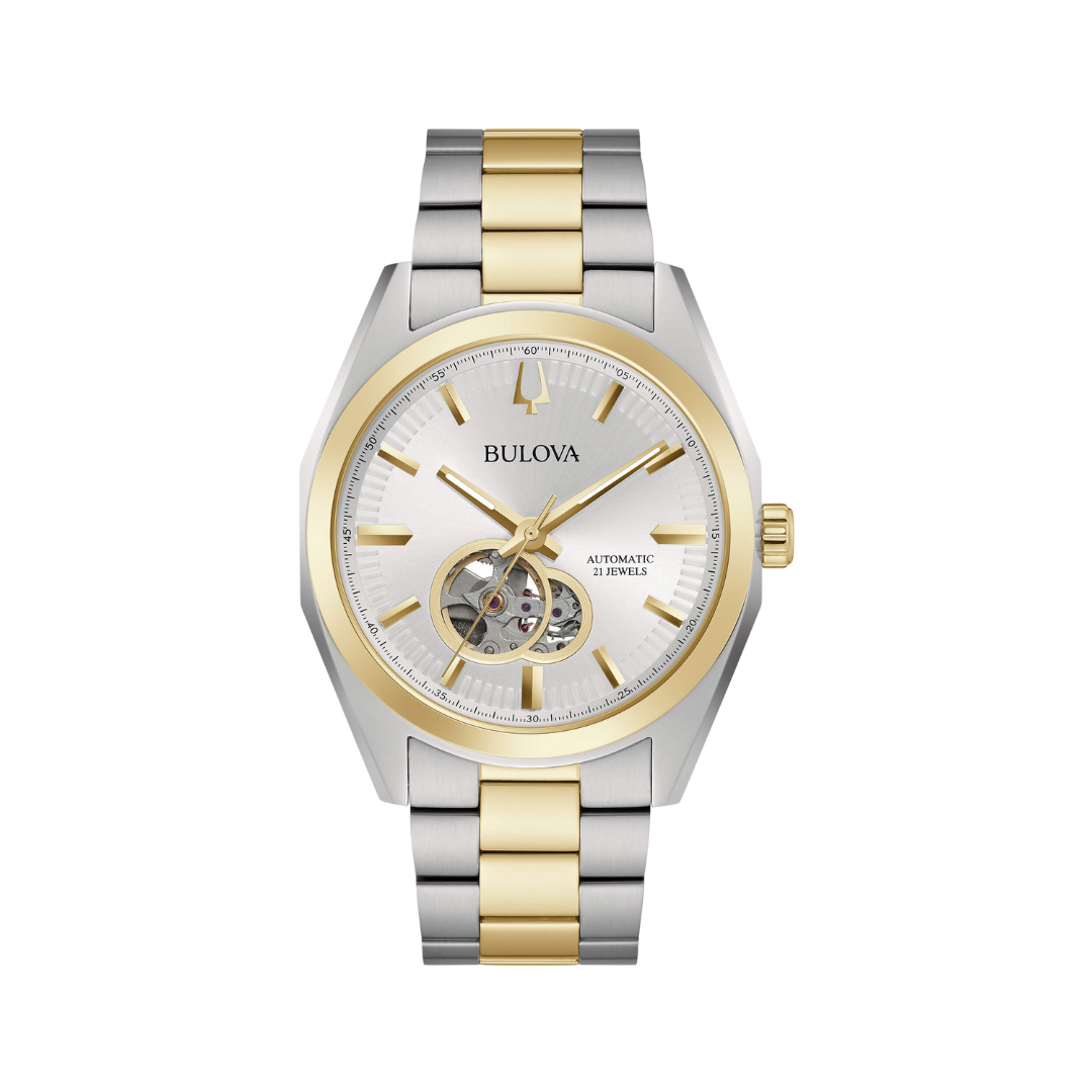 Orologio Bulova Surveyor Automatic con quadrante silver, cassa bicolore acciaio oro, bracciale in acciaio e fondello trasparente con movimento a vista