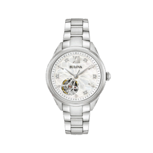 Orologio Bulova Sutton Lady Automatic con quadrante in madreperla, cassa e bracciale in acciaio, vetro zaffiro e fondello trasparente con movimento a vista.