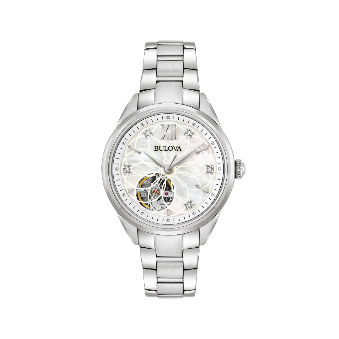 Orologio Bulova Sutton Lady Automatic con quadrante in madreperla, cassa e bracciale in acciaio, vetro zaffiro e fondello trasparente con movimento a vista.