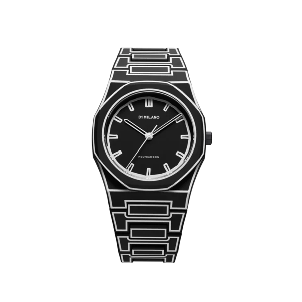 Orologio D1 Milano Polycarbon Black Sketch con bracciale in policarbonato soft touch, quadrante nero opaco e lancette in ottone colorate in nero