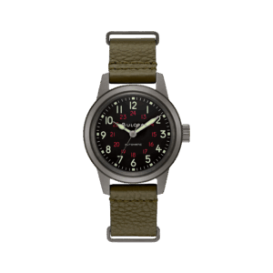 Orologio Bulova Hack Watch con quadrante nero, cinturino in pelle verde, cassa in acciaio e vetro minerale, design militare essenziale