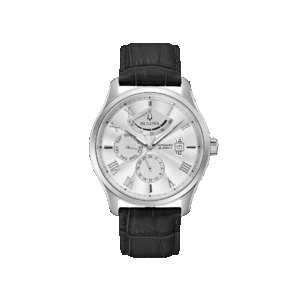 Orologio Bulova Wilton Power Reserve con quadrante silver, cassa in acciaio, cinturino in pelle nera, indicatore di riserva di carica e fondello a vista.