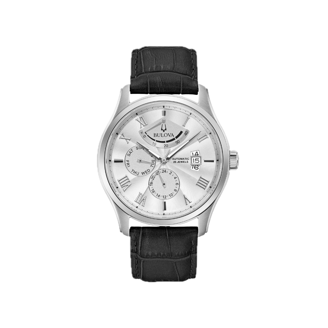 Orologio Bulova Wilton Power Reserve con quadrante silver, cassa in acciaio, cinturino in pelle nera, indicatore di riserva di carica e fondello a vista.