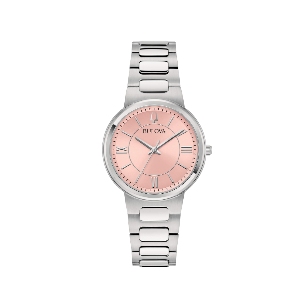 Orologio Bulova Classic Elegant con quadrante rosa, cassa e bracciale in acciaio silver, vetro minerale e chiusura deployante