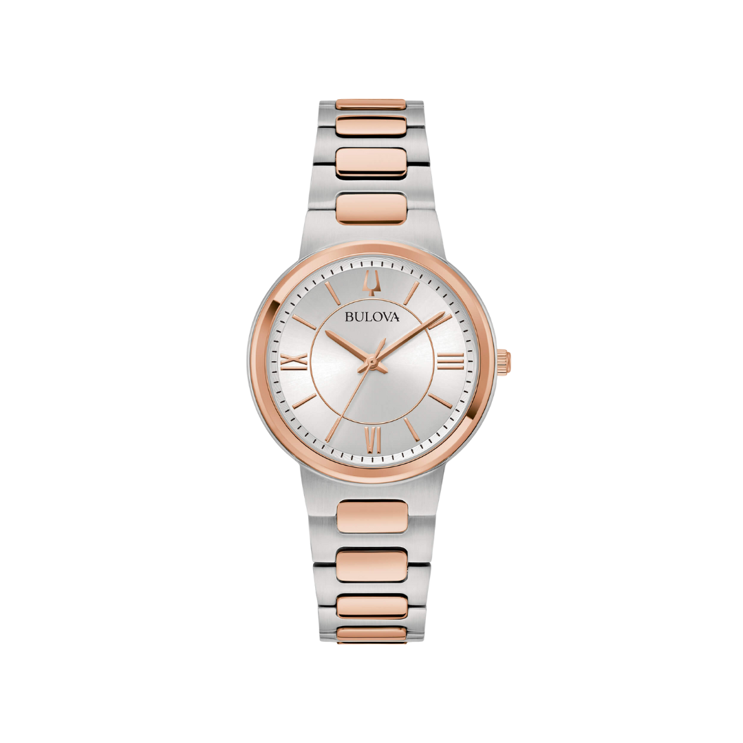 Orologio Bulova Classic Elegant con quadrante silver, cassa bicolore acciaio oro, vetro minerale e bracciale in acciaio. Stile elegante e raffinato