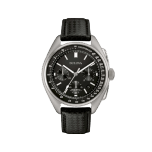 Orologio Bulova Lunar Pilot con quadrante nero, cassa in acciaio, vetro zaffiro e cinturino in pelle nera. Cronografo con movimento 262 kHz Precisionist