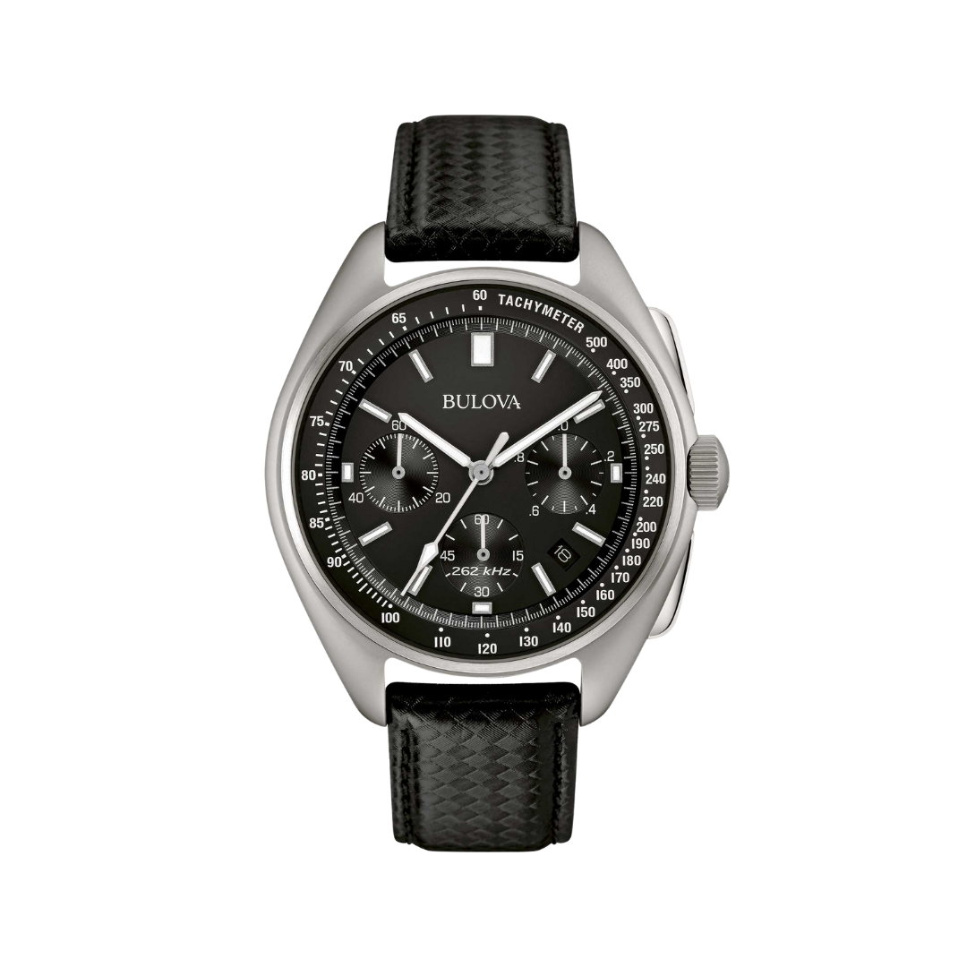 Orologio Bulova Lunar Pilot con quadrante nero, cassa in acciaio, vetro zaffiro e cinturino in pelle nera. Cronografo con movimento 262 kHz Precisionist