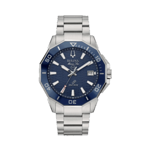 Orologio Bulova Marine Star 96B433 con cassa e bracciale in acciaio, quadrante blu, indici a tacche e movimento High Precisionist. Resistente all’acqua 20 ATM