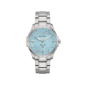 Orologio Bulova Marine Star Lady con quadrante turchese, cassa e bracciale in acciaio, vetro zaffiro e chiusura deployante, impermeabile fino a 10 BAR