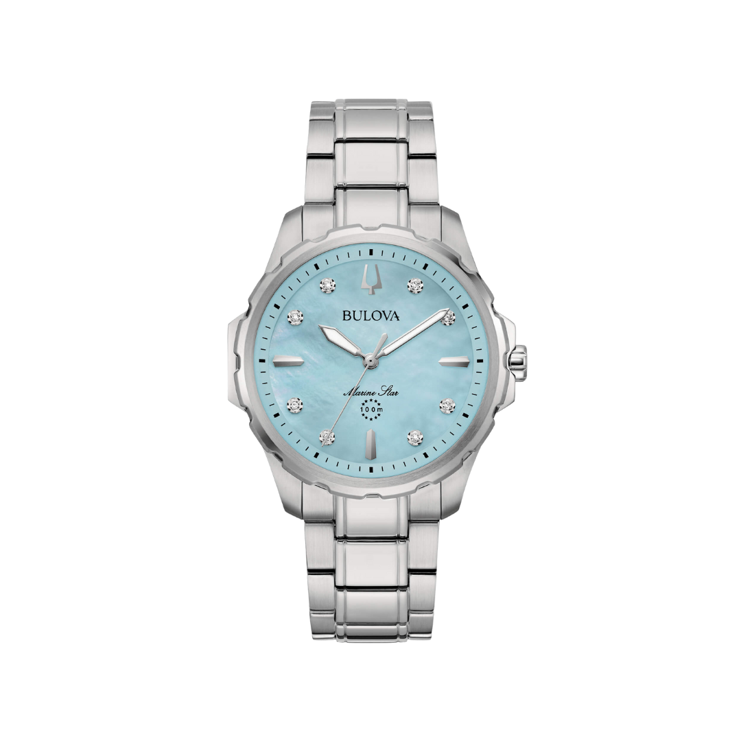 Orologio Bulova Marine Star Lady con quadrante turchese, cassa e bracciale in acciaio, vetro zaffiro e chiusura deployante, impermeabile fino a 10 BAR