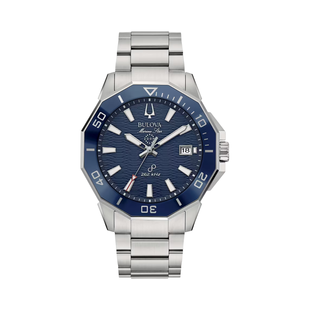 Orologio Bulova Marine Star 96B433 con cassa e bracciale in acciaio, quadrante blu, indici a tacche e movimento High Precisionist. Resistente all’acqua 20 ATM
