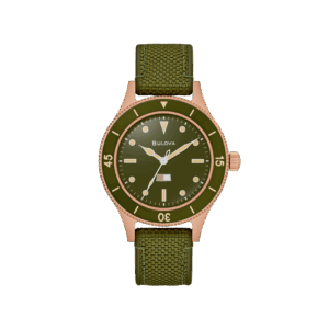 Orologio Bulova Mil-Ships Bronze 150th Anniversary con cassa in bronzo, quadrante verde, ghiera girevole e cinturino in nylon verde. Impermeabile fino a 20 BAR