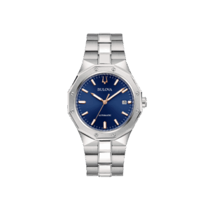 Orologio Bulova Octagon Automatic con quadrante blu, cassa e bracciale in acciaio, vetro zaffiro, chiusura deployante e design ottagonale elegante.
