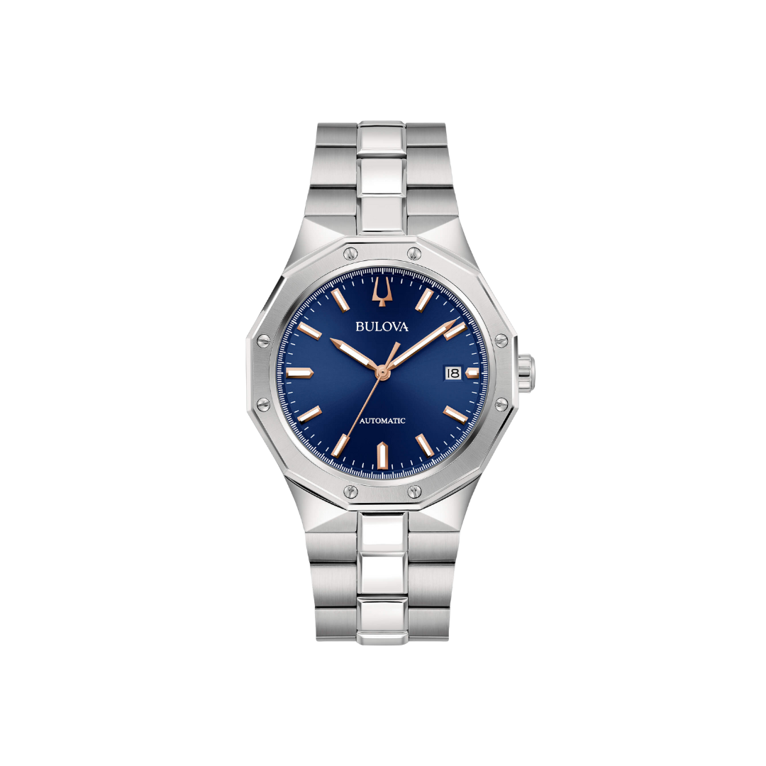 Orologio Bulova Octagon Automatic con quadrante blu, cassa e bracciale in acciaio, vetro zaffiro, chiusura deployante e design ottagonale elegante.