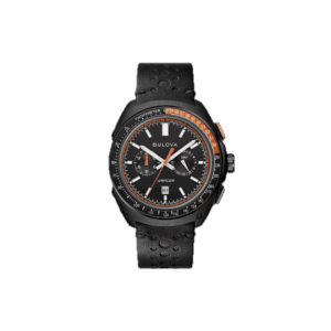 Orologio Bulova Racer con quadrante nero, dettagli arancioni, cronografo, tachimetro e cinturino in pelle nera traforata, design sportivo e moderno.