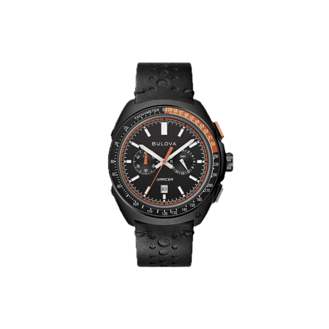 Orologio Bulova Racer con quadrante nero, dettagli arancioni, cronografo, tachimetro e cinturino in pelle nera traforata, design sportivo e moderno.