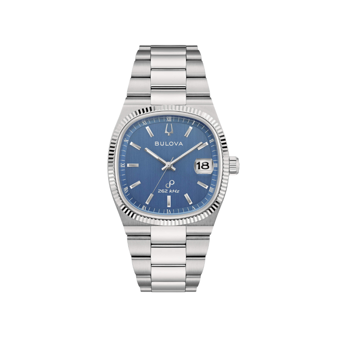 Orologio Bulova Super Seville con quadrante blu, cassa e bracciale in acciaio, vetro zaffiro con lentino e movimento 262 kHz Precisionist.