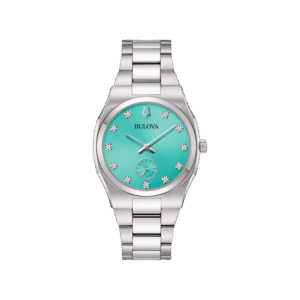 Orologio Bulova Surveyor Lady con quadrante turchese, cassa e bracciale in acciaio, vetro minerale e piccoli secondi. Elegante e raffinato