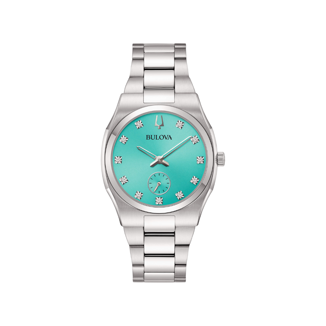 Orologio Bulova Surveyor Lady con quadrante turchese, cassa e bracciale in acciaio, vetro minerale e piccoli secondi. Elegante e raffinato
