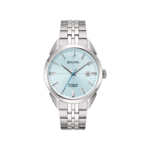 Orologio Bulova Sutton Automatic con quadrante ice blue, cassa e bracciale in acciaio, vetro minerale e fondello trasparente con movimento a vista.