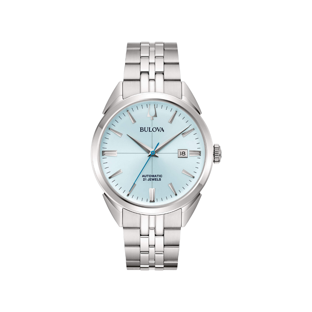 Orologio Bulova Sutton Automatic con quadrante ice blue, cassa e bracciale in acciaio, vetro minerale e fondello trasparente con movimento a vista.