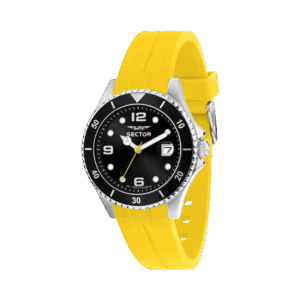 Orologio Sector 230 con cassa in acciaio silver, cinturino giallo in plastica, vetro minerale e movimento al quarzo. Resistente all’acqua 10 ATM