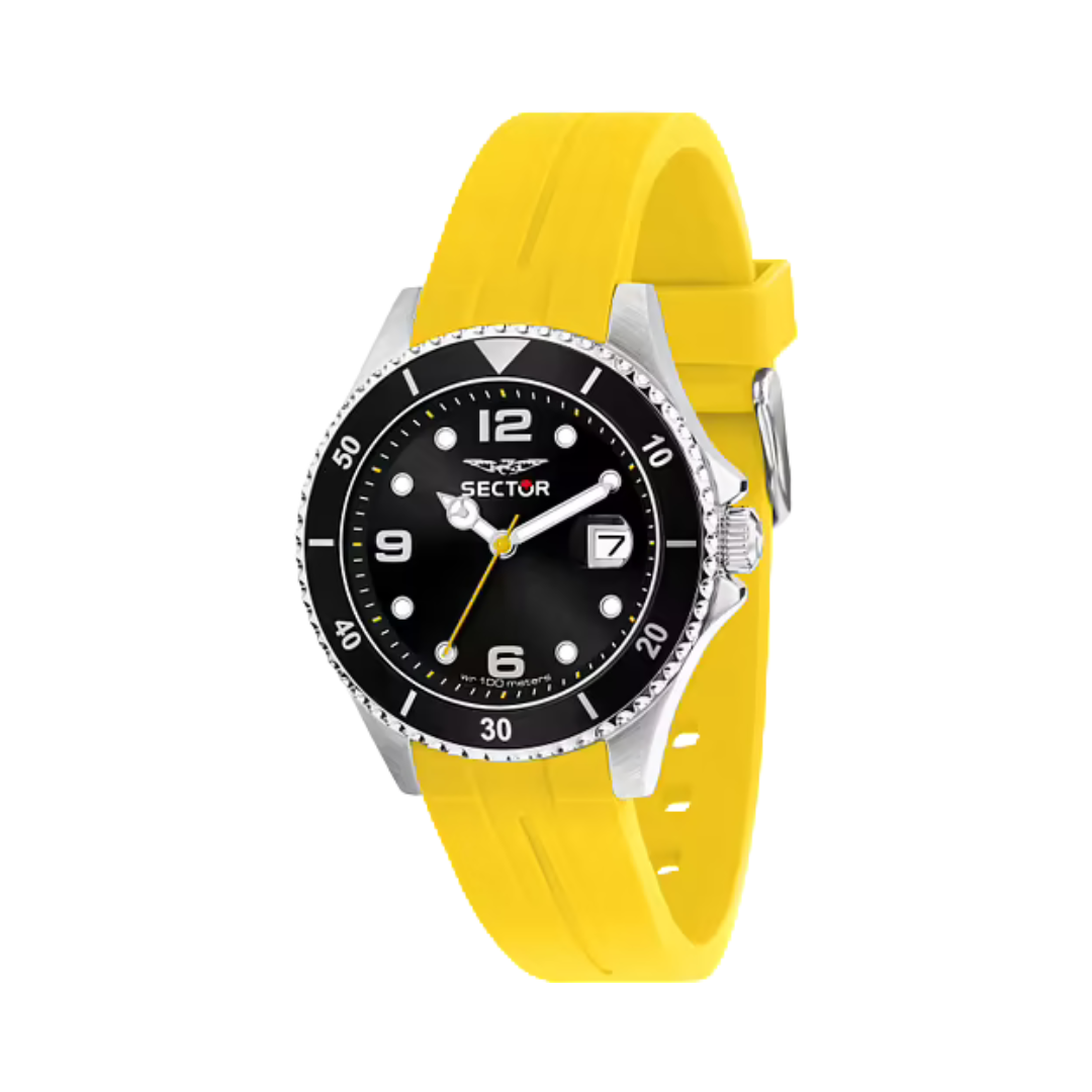 Orologio Sector 230 con cassa in acciaio silver, cinturino giallo in plastica, vetro minerale e movimento al quarzo. Resistente all’acqua 10 ATM