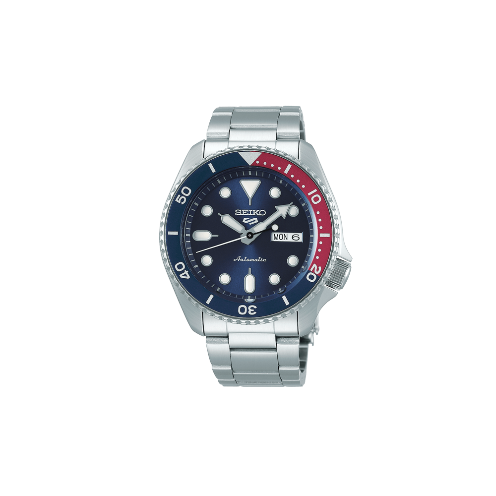 Orologio uomo seiko 5 sport automatico acciaio day date, colore rosso e blu